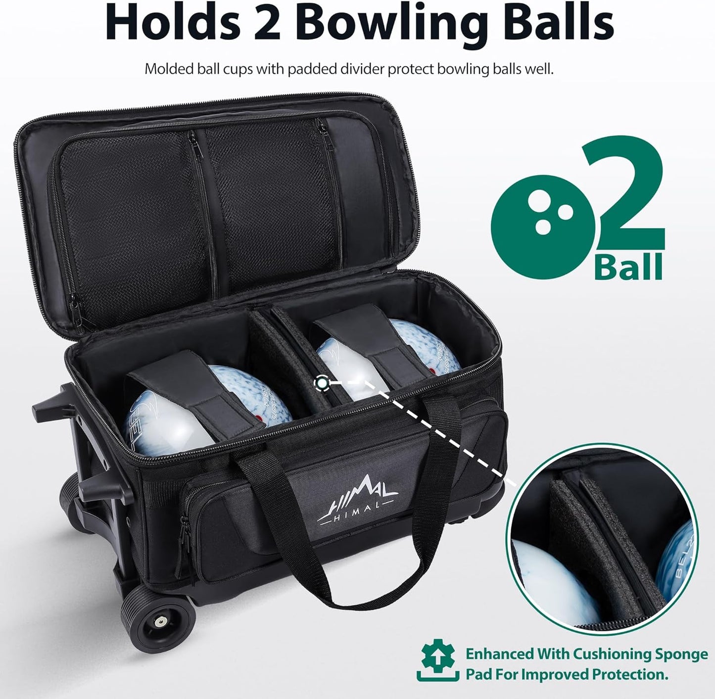 Double Roller 2 Ball Bowling Bag with Separate Shoe Compartment for Bowling Shoes (Up To US Mens Size 15) and Oversized Accessory Pocket, Retractable Handle - Extends to 40"