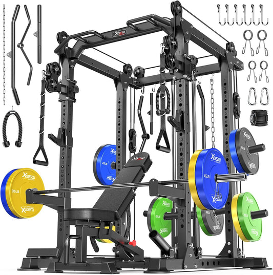 Power Cage Multi-Function Power Rack with Cable Crossover System,1800 LBS Capacity Squat Rack with Weight Bench,for Home Gym