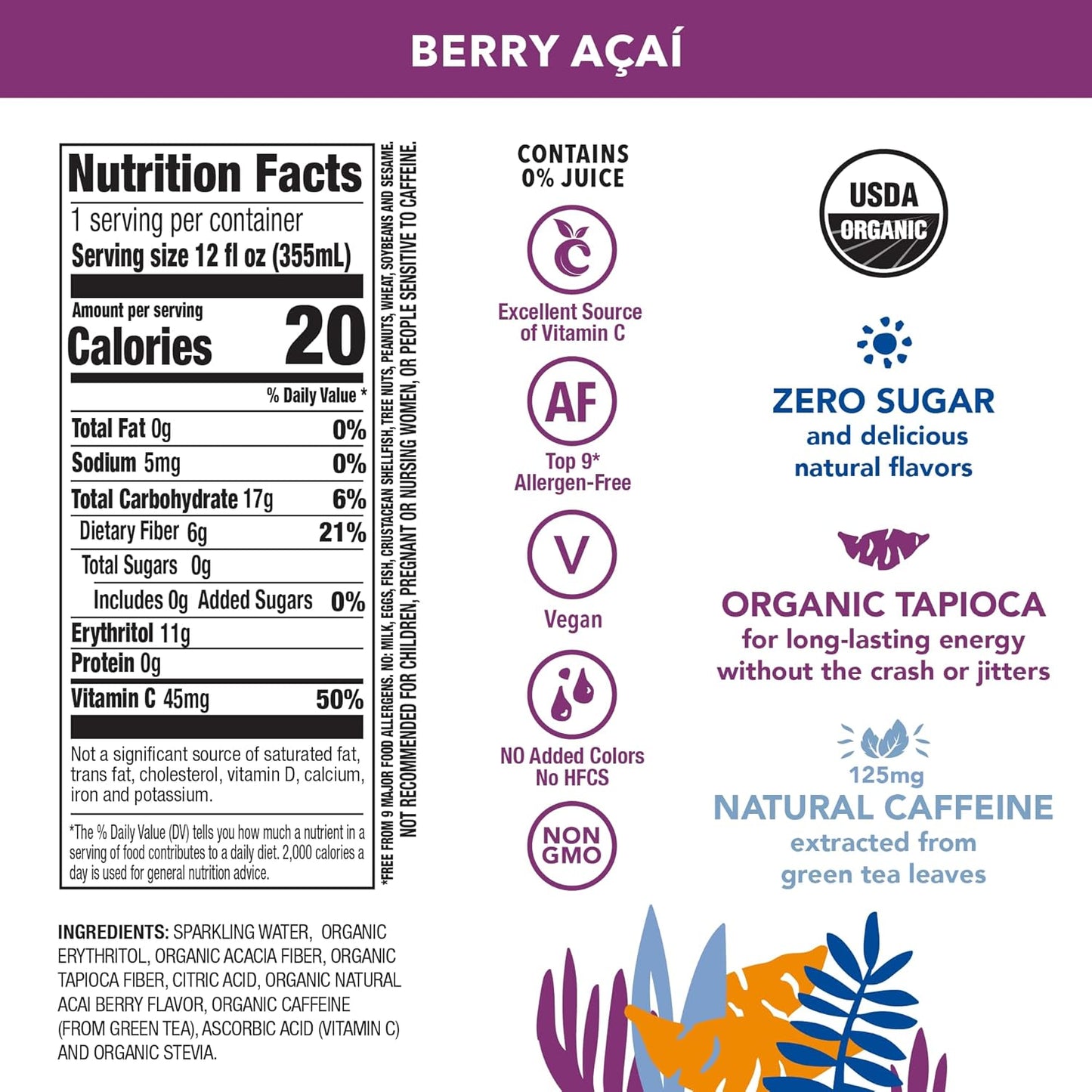 OCA ZERO Berry Acai, Organic energy drink, zero sugar, gluten-free, vegan plant-based, 12 Fl Oz (12 pack)