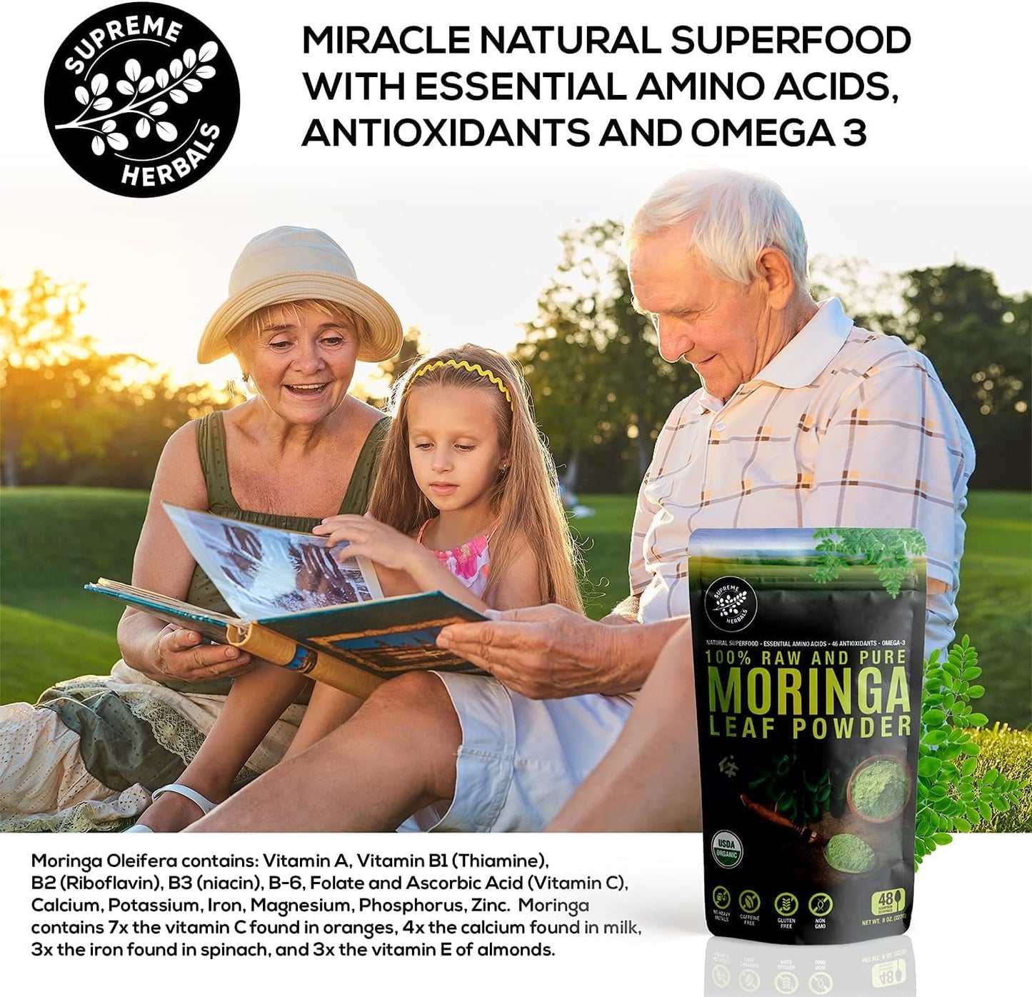100% Raw and Pure Moringa Leaf Powder. Organic Certified Moringa Leaf. Natural Superfood with Essential Amino Acids, Antioxidants, and Omega 3, 8 oz Resealable Bag.
