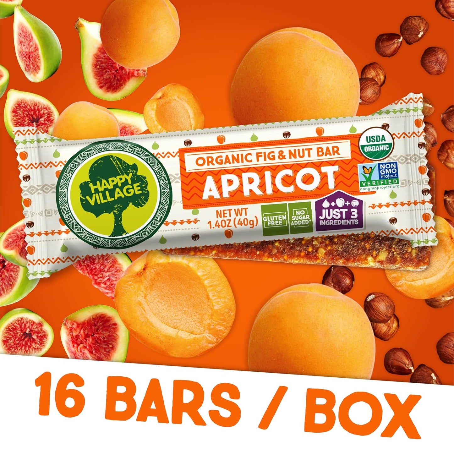 Happy Village Organic Fig & Nut Bar, APRICOT | Only 3 Ingredients, Gluten Free, No Added Sugar, Kosher, Non-GMO, Vegan, Good Source of Fiber | Organic Healthy Snack Bars (16 bars, 1.4 OZ each)