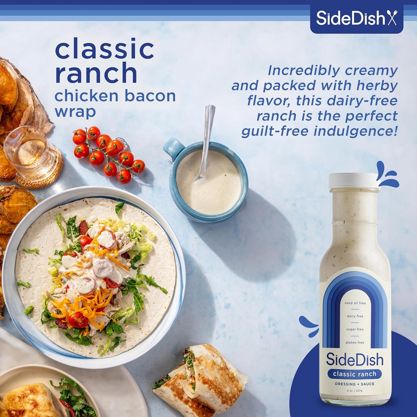 SideDish Classic Ranch Dressing (Pack of 3) - Seed Oil Free, Dairy Free & Gluten Free Salad Dressing w/Avocado Oil - Sugar Free, Low Sodium Healthy Ranch Dressing - Paleo Dressing for Sauces & More