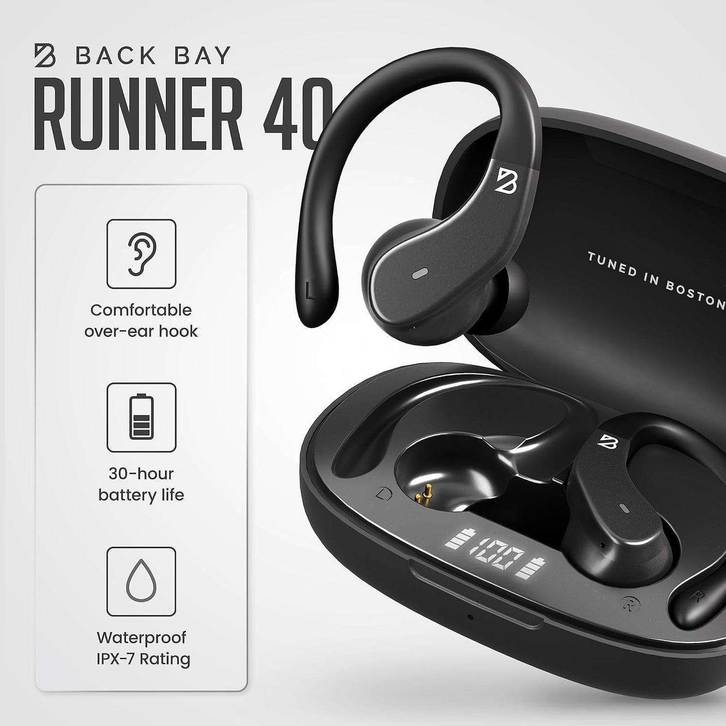 Back Bay Audio - Runner's Wireless Earbuds Bluetooth Headphones for Sports, Hook Over The Ear Buds, Deep Bass, Wrap Around Earphones with Earhooks for Running, Workout Wireless Headphones for The Gym