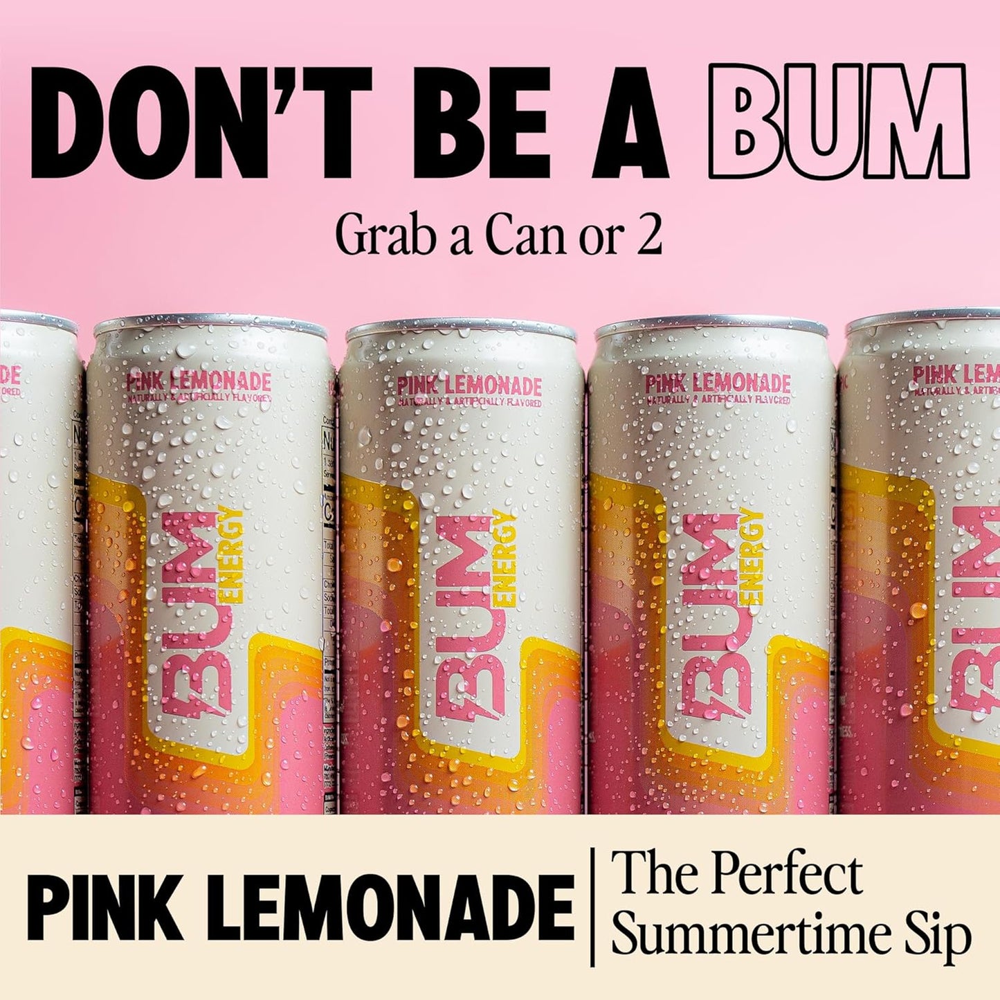 BUM Sugar-Free Energy Drink, Pink Lemonade - Lightly Carbonated & No Artificial Colors, Natural Caffeine & Citicoline for Energy & Focus, Brain Boost & Workout Sports Beverage - 12 oz, Pack of 12