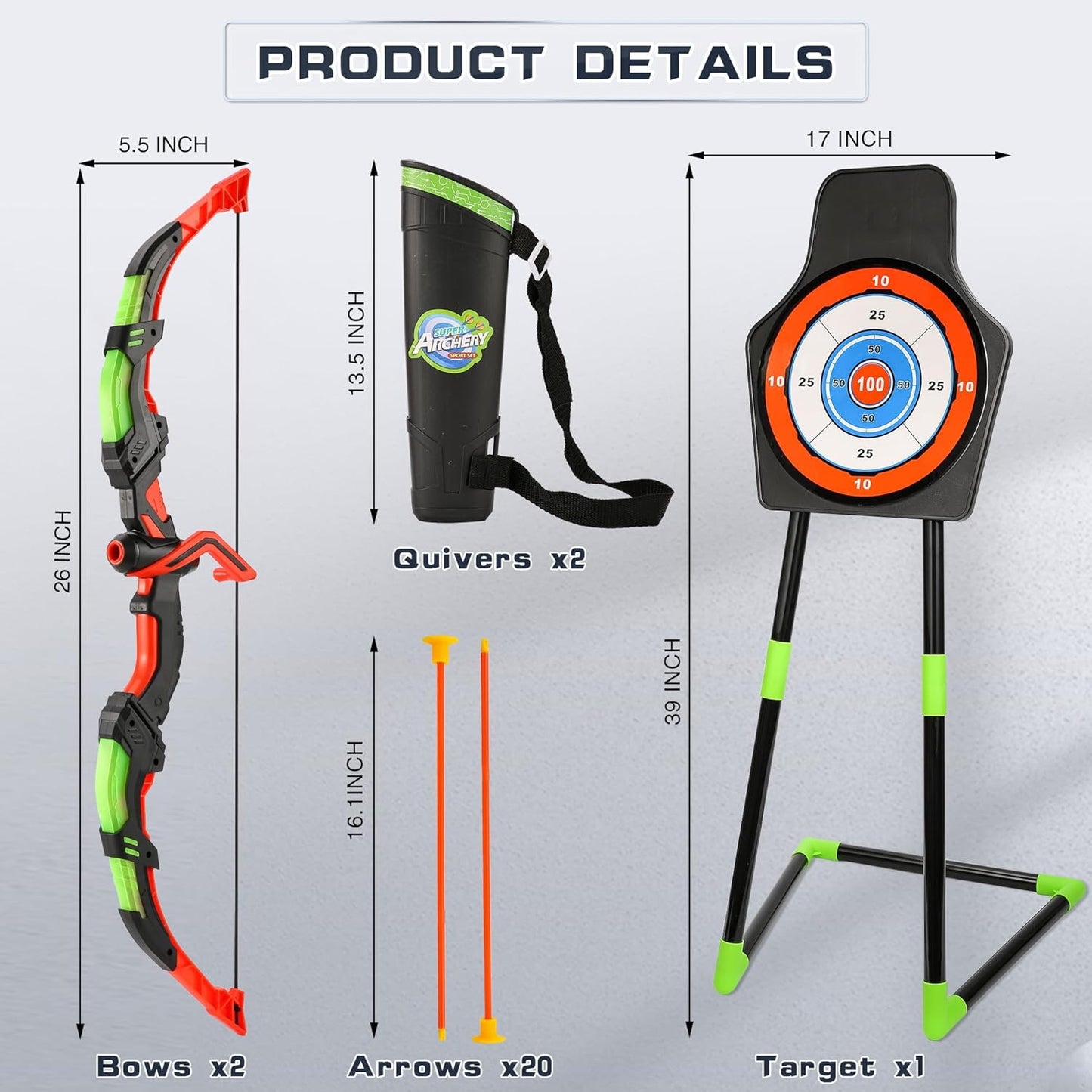 Archery Toy Set for Kids, LED Light Up Bow and Arrow Set with 10 Suction Cup Arrows, Standing Target & Quiver, Indoor Outdoor Games Stuff for Boys Girls Children Aged 3-12 Year Old