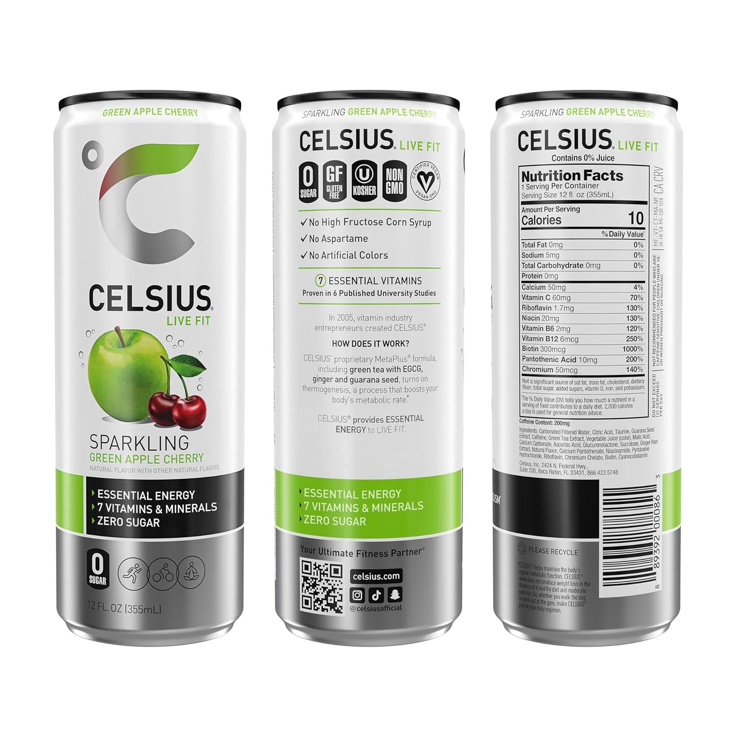 CELSIUS Sparkling Green Apple Cherry, Functional Essential Energy Drink, 12 Fl Oz (Pack of 12)