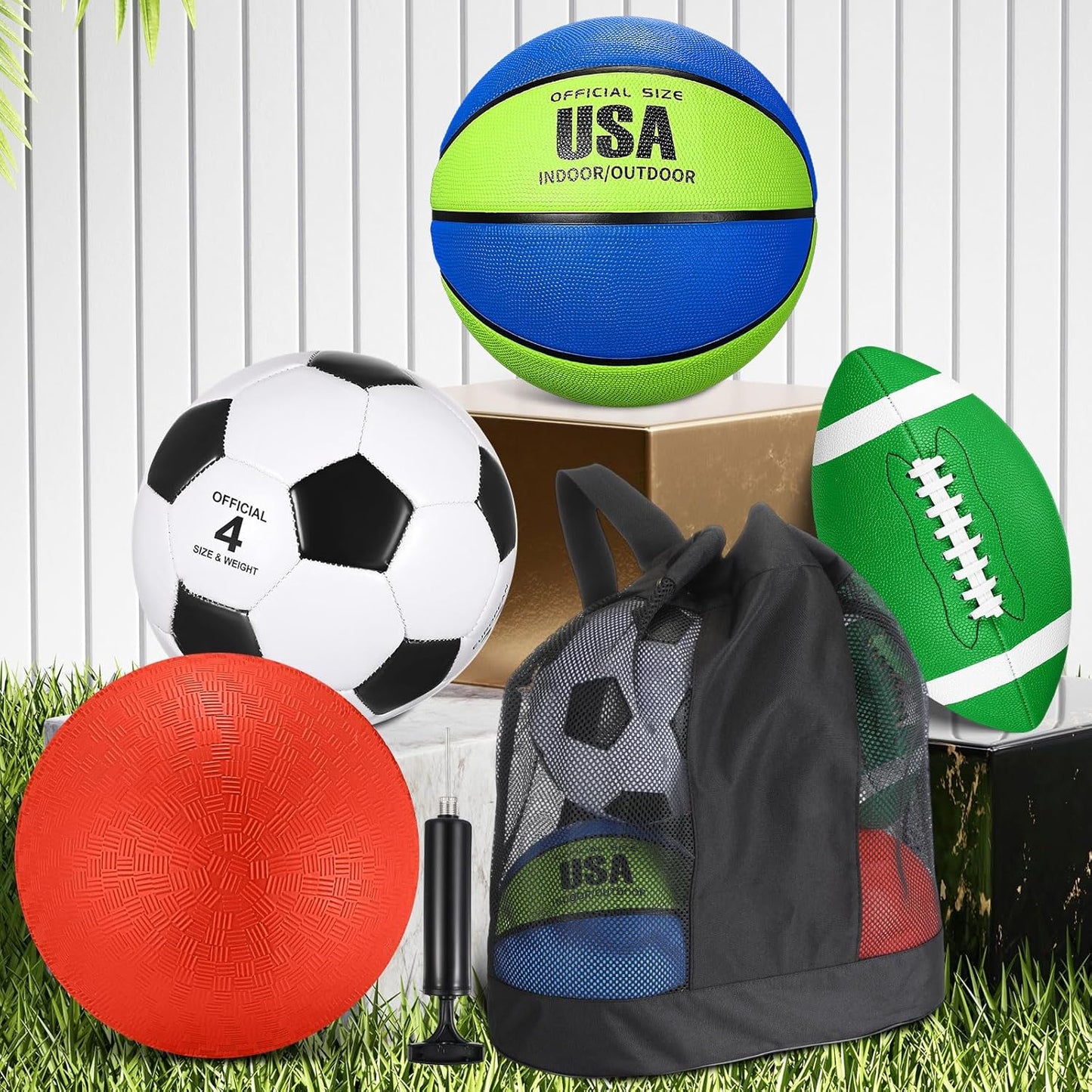 Deekin 4 Pcs Sport Balls Set for Kids Teens, Include Official Size 5 Basketball 4 Soccer 6 Football Playground Ball and Pump Sports Equipment Bag Recess Equipment Sport for Students(Navy Blue, Green)