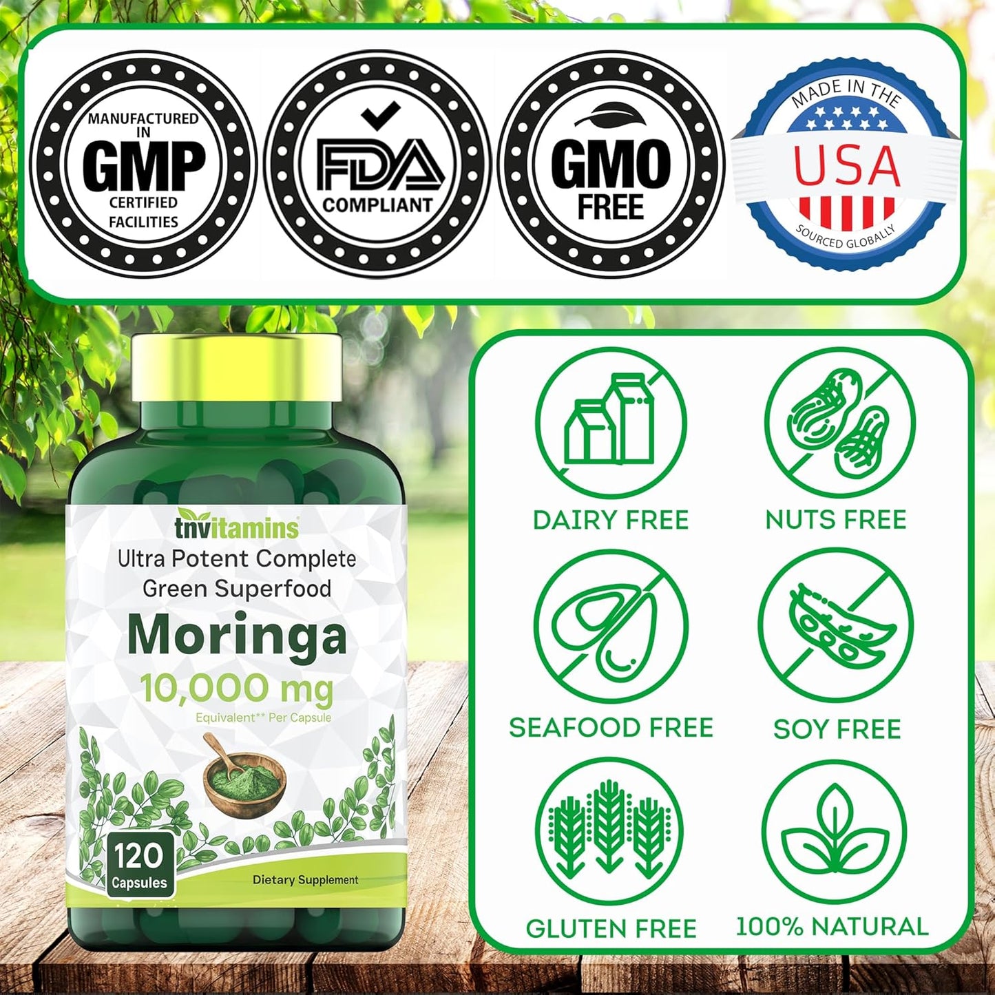 Moringa Capsules 10,000 mg - 120 Capsules | Pure Moringa Oleifera Leaf Powder Supplement | Powerful Green Superfood | Super Greens Powder Pills | Non-GMO, Made in The USA!