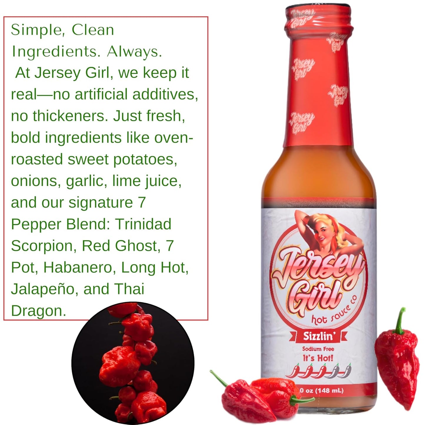 Jersey Girl Sizzlin' No Sodium/Salt Free Hot Sauce - Made with Scorpion & Ghost Pepper 5oz (Spicy) All Natural Ingredients