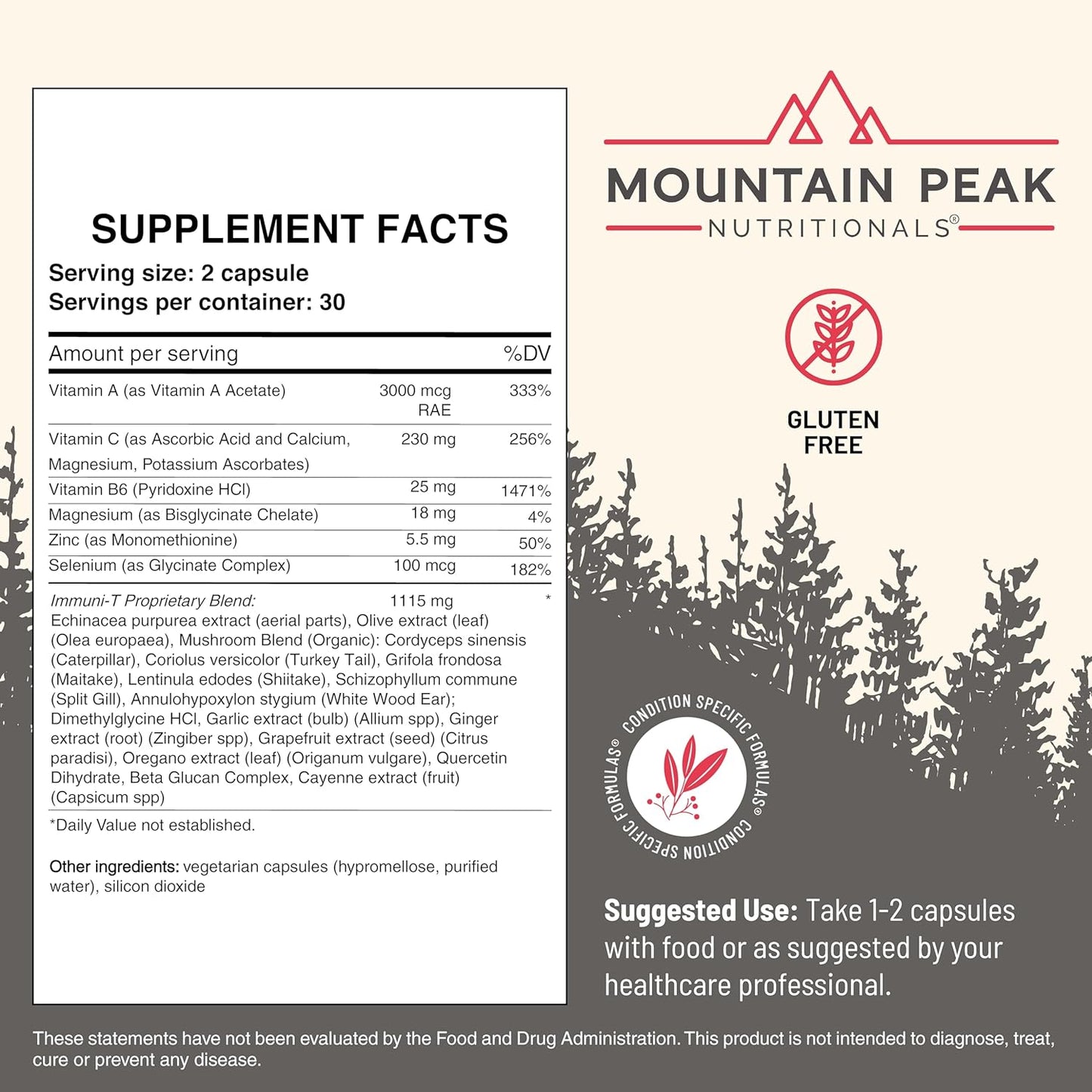 Mountain Peak Nutritionals Immuni-T - Helps Support Respiratory and Immune System - Zinc, Vitamin A, Vitamin C and Vitamin B6 - Hypoallergenic Dietary Supplement (60 Vegetarian Capsules)