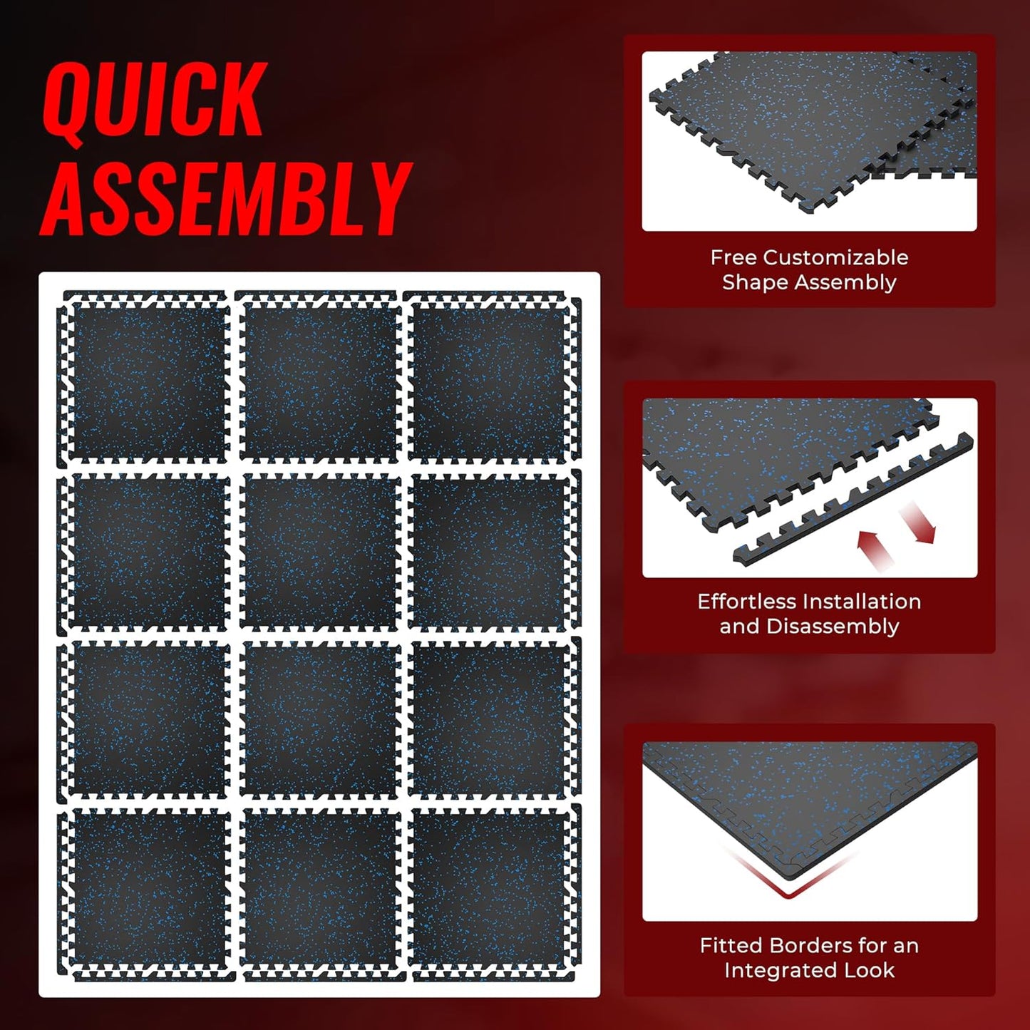 SUPERJARE 0.56'' Thick 12 Pcs 48 Sq Ft Rubber Top Exercise Equipment Mats, High Density EVA Foam Mats with Rubber Top, Interlocking Gym Flooring for Home Gym, Protective Workout Mat, Black/Blue