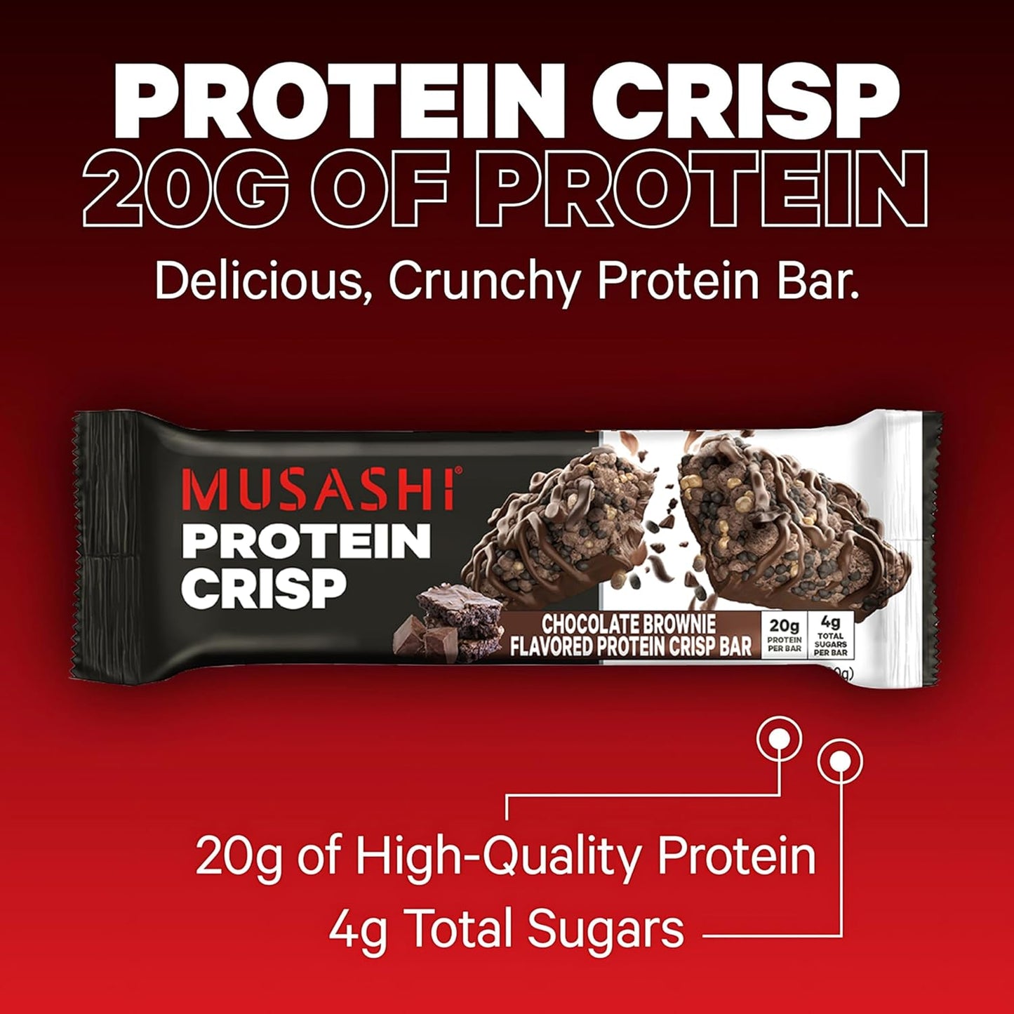 MUSASHI Protein Crisp Bar, 20g Protein, 4g Total Sugars, Chocolate Brownie, Post Workout and Snack On The Go, 12 Pack of 2.1oz (60g) Bars