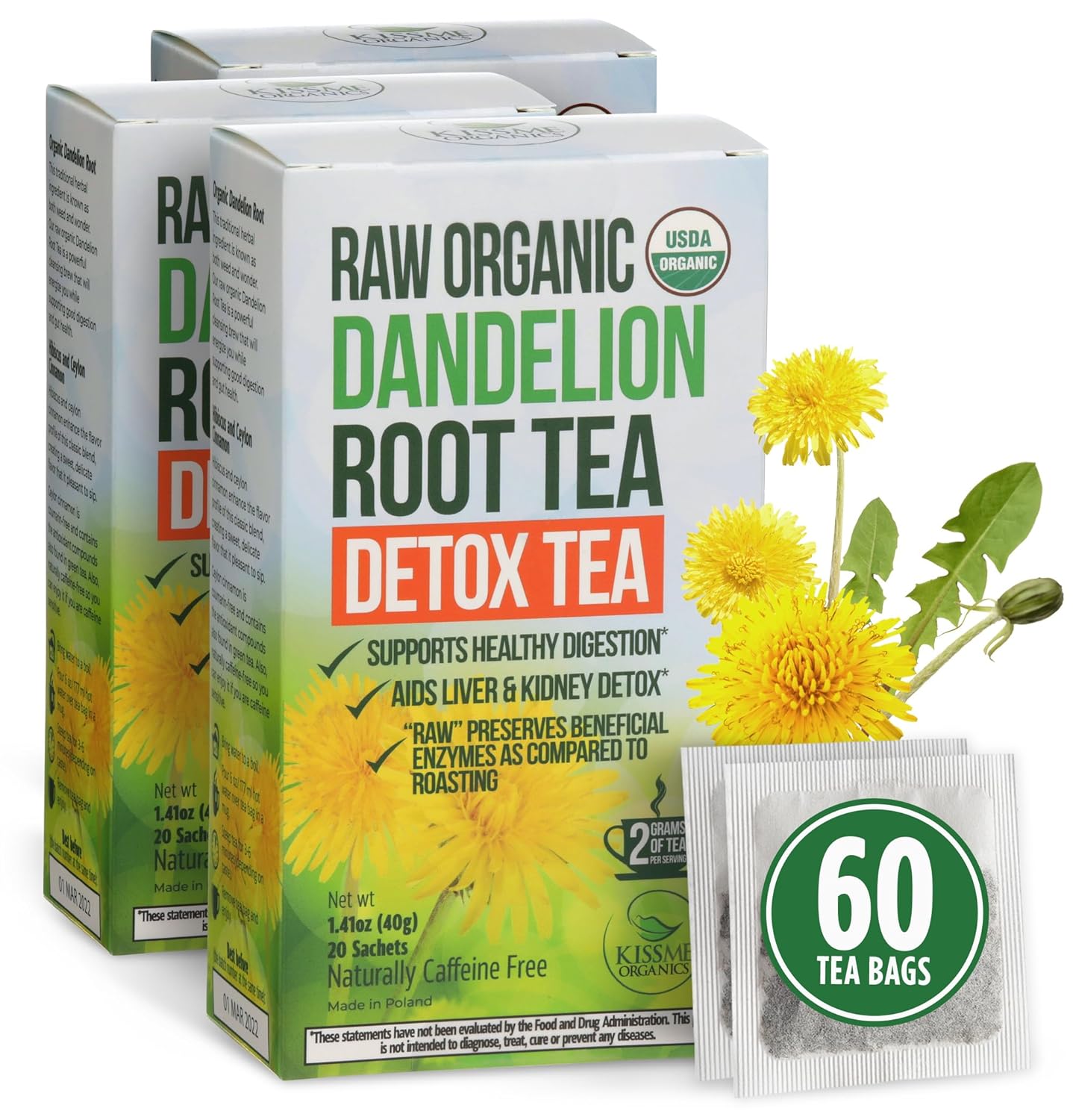 Dandelion Root Tea - Raw Organic Herbal Tea, Caffeine Free, 60 bags