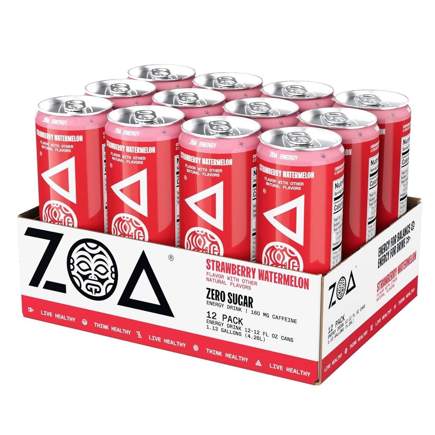 ZOA Zero Sugar Energy Drinks, Strawberry Watermelon - Sugar Free with Electrolytes, Healthy Vitamin C, Amino Acids, Essential B-Vitamins, and Caffeine from Green Tea - 12 Fl Oz (12-Pack)