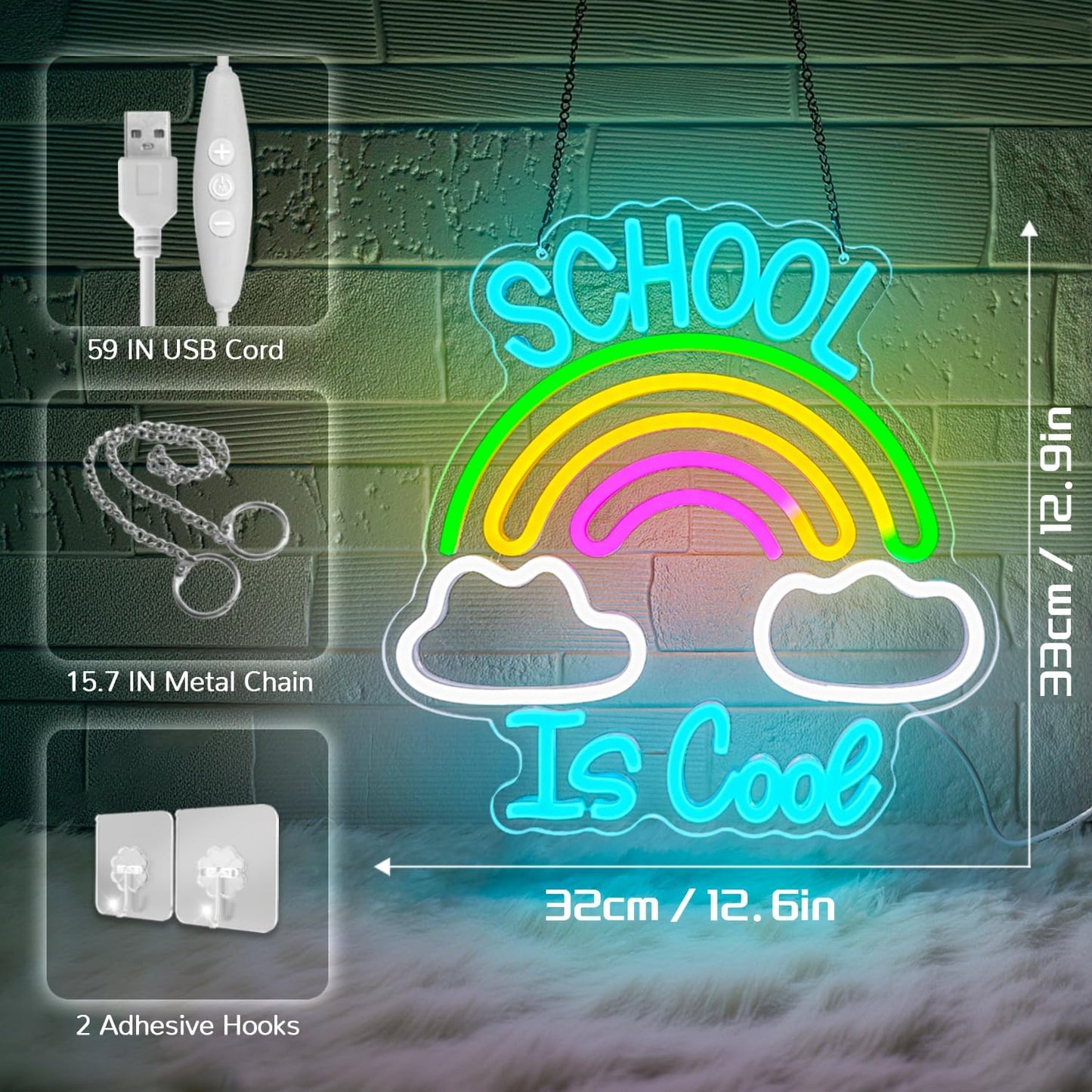 School is Cool Neon Sign,Classroom Neon Sign,Reading Rainbow Sign,USB Powered with Dimmable Switch,Neon Light Sign,Neon Signs for Wall Decor for Classroom,School Led Sign