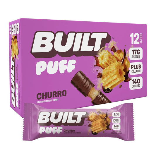 Built Bar, Puff Protein Bars, Churro Puff, 17g Protein Snacks, On-The-Go Bars, Only 140 Calories & 6g Sugar, Collagen, Gluten Free, 12 Count