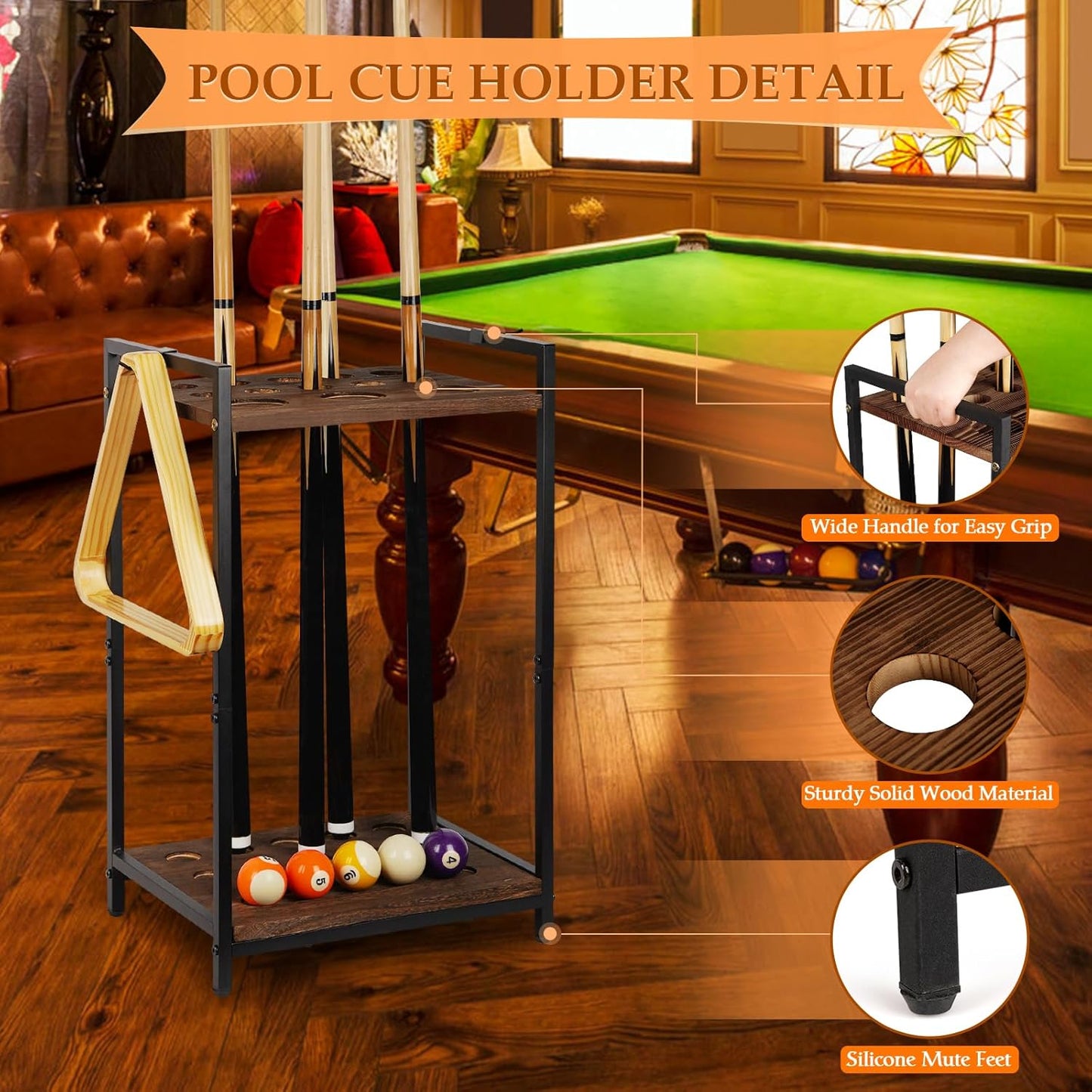 Pool Stick Holder Pool Cue Holder Rack Cue Stick Holder 10 Cues Billiard Cue Racks for Billiard Room Club Pool Table Accessaries (Torched Black 10-Hole)