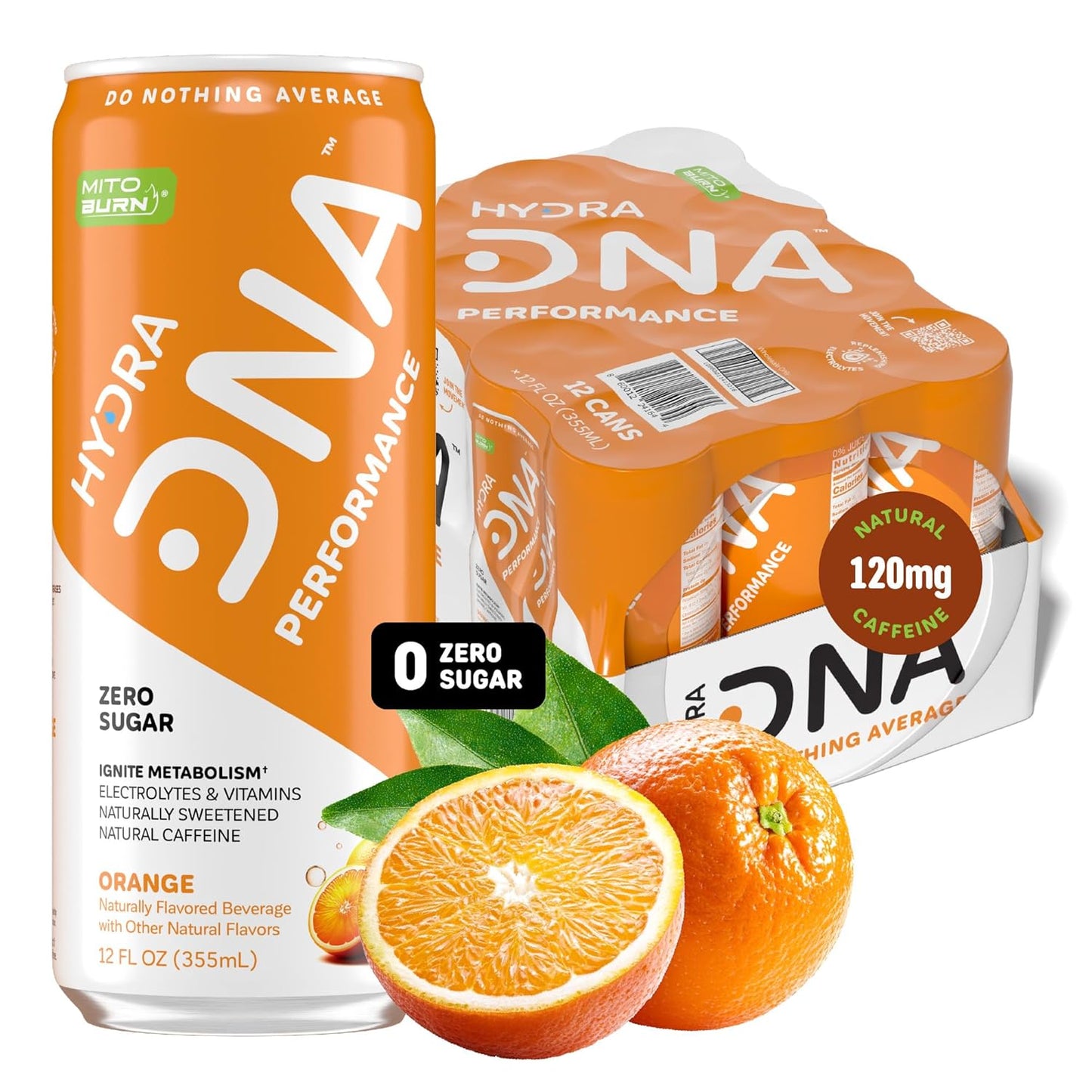 HYDRADNA- Clean Performance Drink, Zero Sugar | For Natural Fuel, Alertness, Boost, Stamina,120 mg Organic Caffeine, Natural Flavors, Zero Sucralose, Clean Ingredients (12 Pack) (12 Pack, Orange)