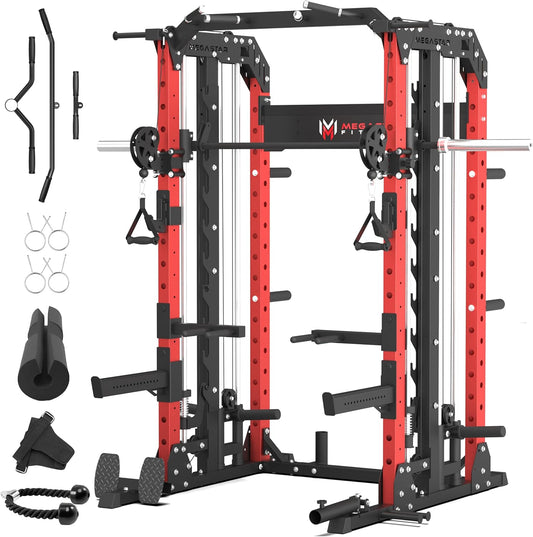 Smith Machine Home Gym with Aluminum Pulley Set - 2000lbs Capacity All-in-One Power Rack with Cable Crossover, Pull-Up Bar & Dip Station, Includes 18 Attachments, P107 Anvil