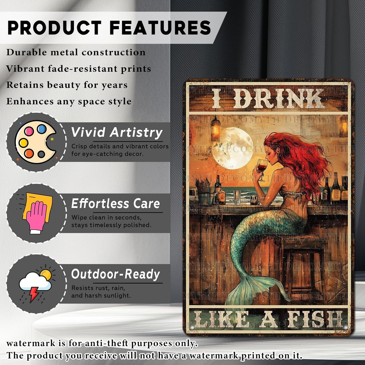 Vintage Mermaid Tin Sign I Drink Like A Fish Retro Wall Decor Decorations for Home Funny Wine Lover Nostalgic Metal Poster Indoor Store Cafe Toilet Kitchen Garden Bar Pubs Man cave 12 * 8inch