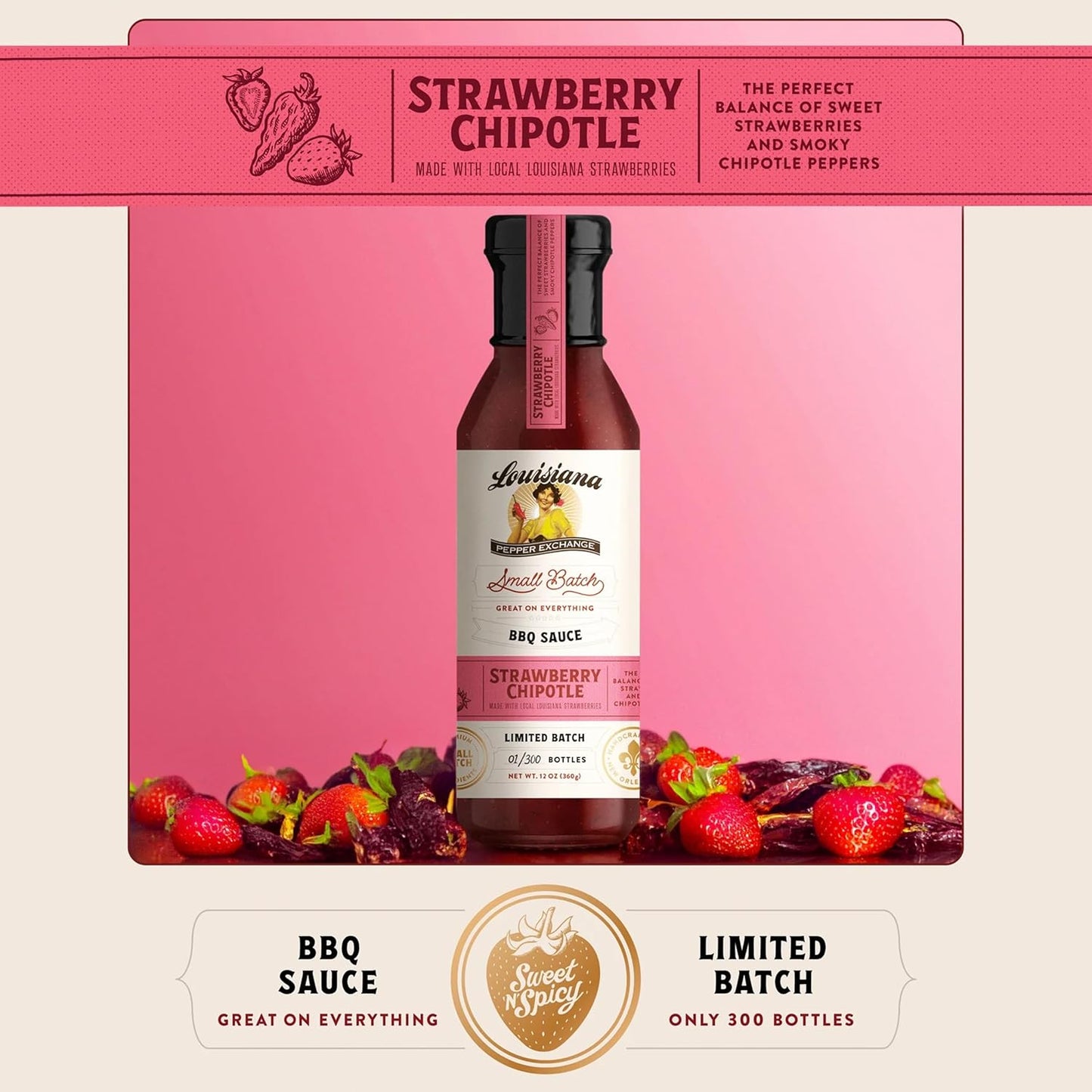 Louisiana Pepper Exchange Strawberry Chipotle BBQ Sauce, Gluten-Free, 12 Fl Oz, 2-Pack