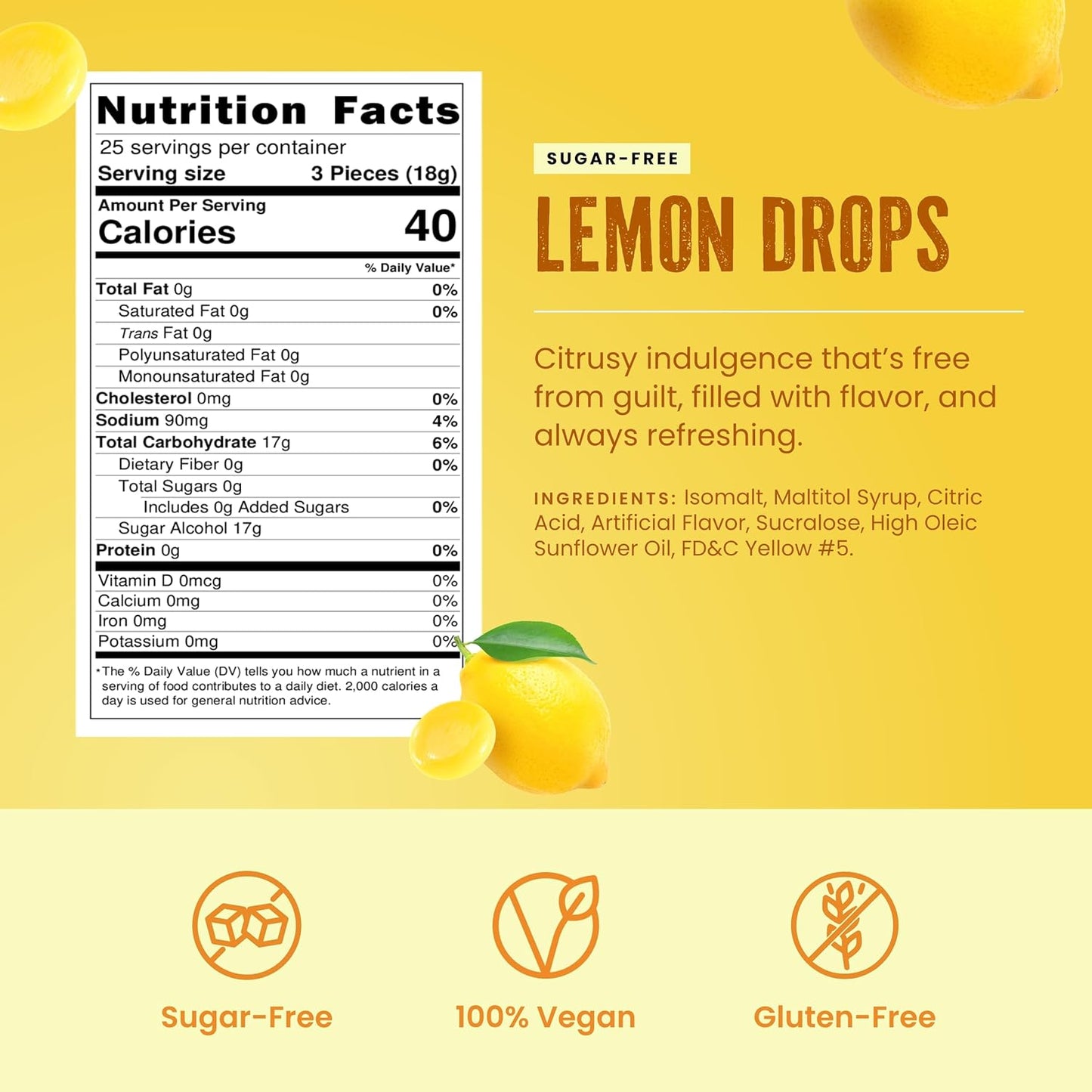 Cambie Sugar Free Lemon Drops, 1 lb of Sugar Free Hard Candy, Individually Wrapped Lemon Drops with a Refreshing & Sweet Citrus Flavor, Packaged Fresh in a Resealable Pouch