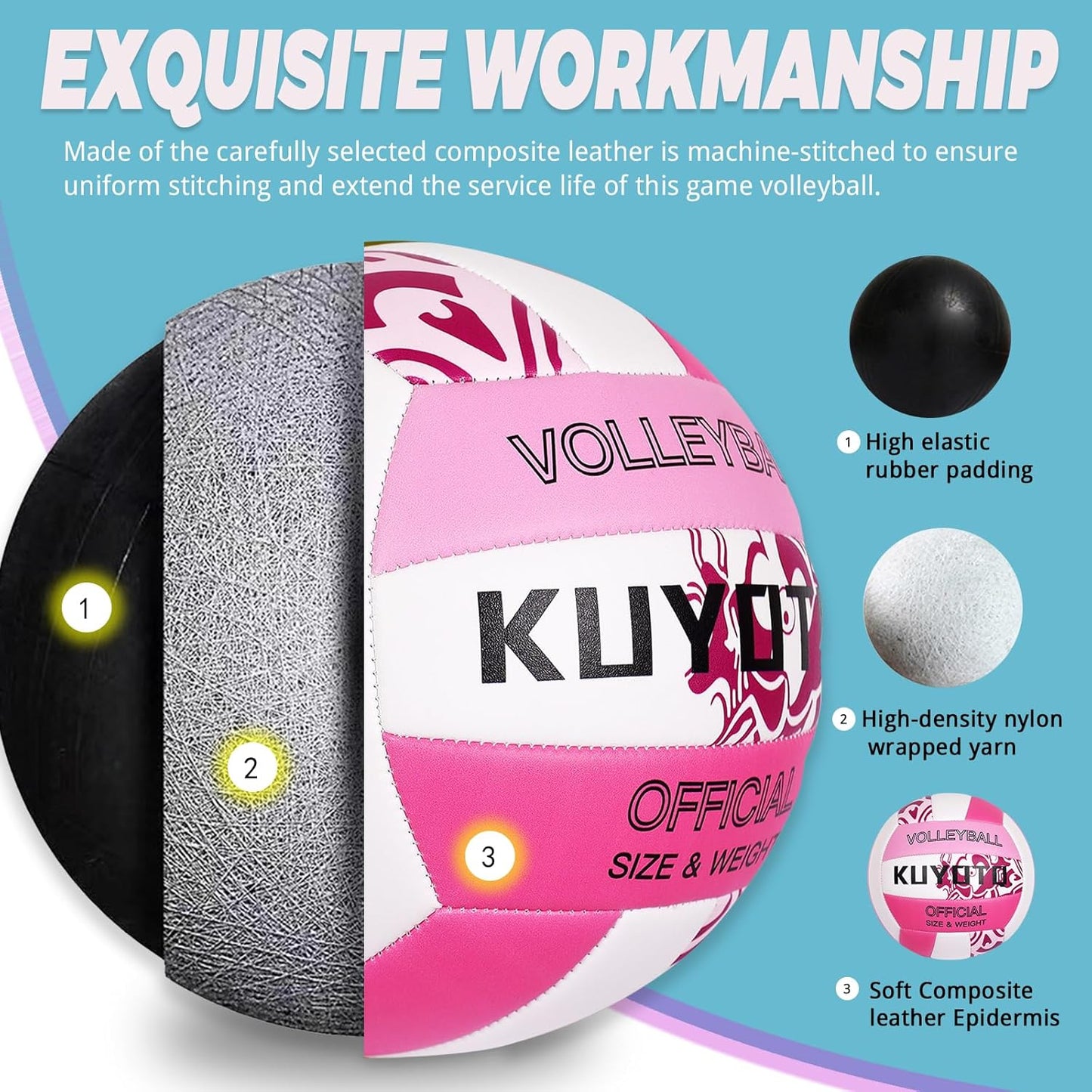 KUYOTQ Official Size 5 in&Outdoor Beach Volleyball,3MM Thickened Surface Soft Leather Youth Womens Mens Volleyball for Game Gym Training(Deflated)