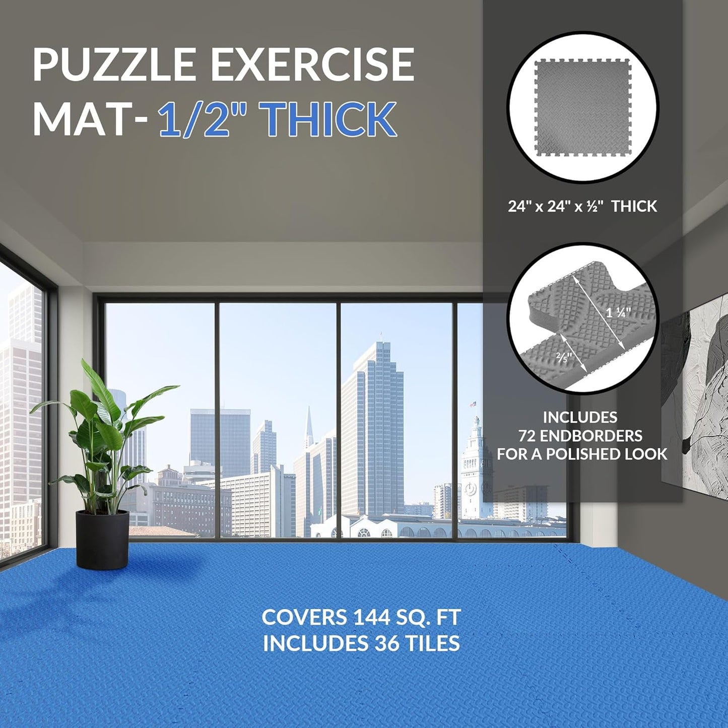 Puzzle Exercise Gym Flooring Mat, 1/2" Thick High-Density EVA Interlocking Tiles Workout Mat for Home Gym, Fitness Equipment, MMA, Gymnastics, 36-Piece Shock-Absorbing Exercise Mat (144 Sq Ft)