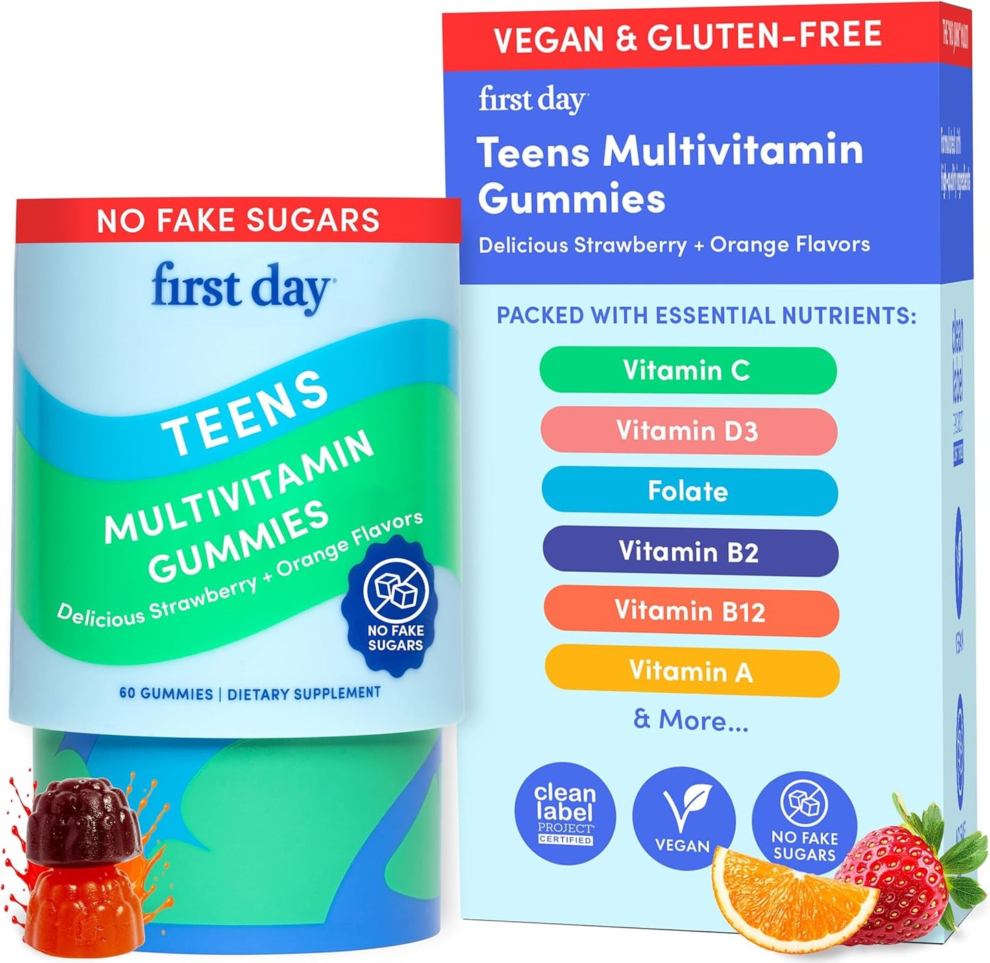 FIRST DAY Vitamins for Teens - Teen Multi Vitamins for Girls & Boys 12-17, Organic Fruit & Veggie Blend - 12 Key Nutrients: Vitamins A, B1, B2, B6, B9, B12, C, D3, E, K2-30 Day Supply