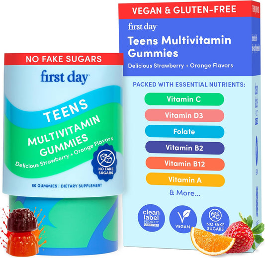 FIRST DAY Vitamins for Teens - Teen Multi Vitamins for Girls & Boys 12-17, Organic Fruit & Veggie Blend - 12 Key Nutrients: Vitamins A, B1, B2, B6, B9, B12, C, D3, E, K2-30 Day Supply