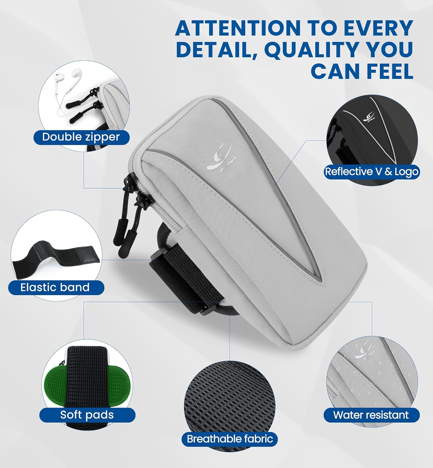 HiRui Cell Phone Holder Arm Bag & Wrist Bag for Phone, Sports Running Armband for Gym & Cycling, Compatible with iPhone 16/16Pro/Plus/15/14 Samsung Galaxy All Phones, Reflective & Adjustable (Gray)