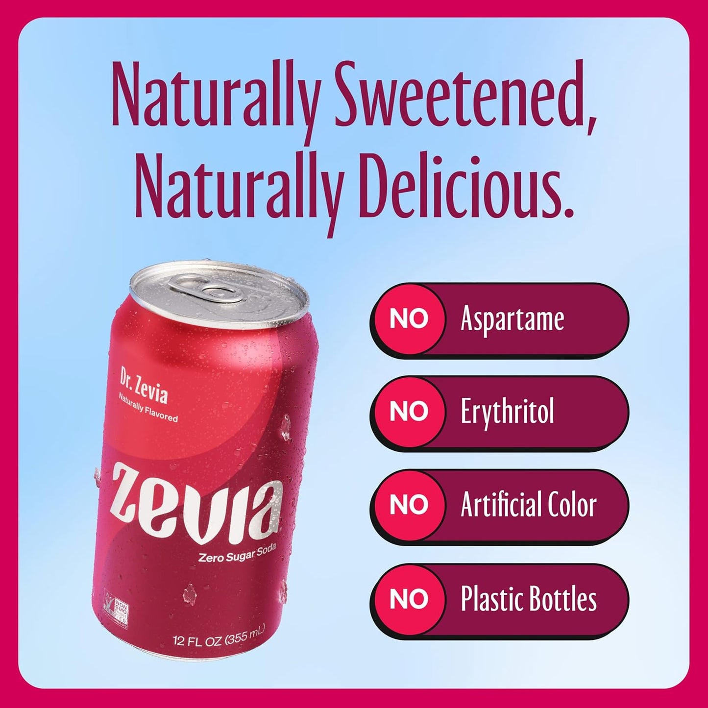 Zevia Zero Sugar Soda, Dr. Zevia, 12 oz Cans (24-Pack) – Naturally Sweetened, Zero Calorie Sugar Free Soda - Non-GMO Project Verified, Gluten-Free, Vegan