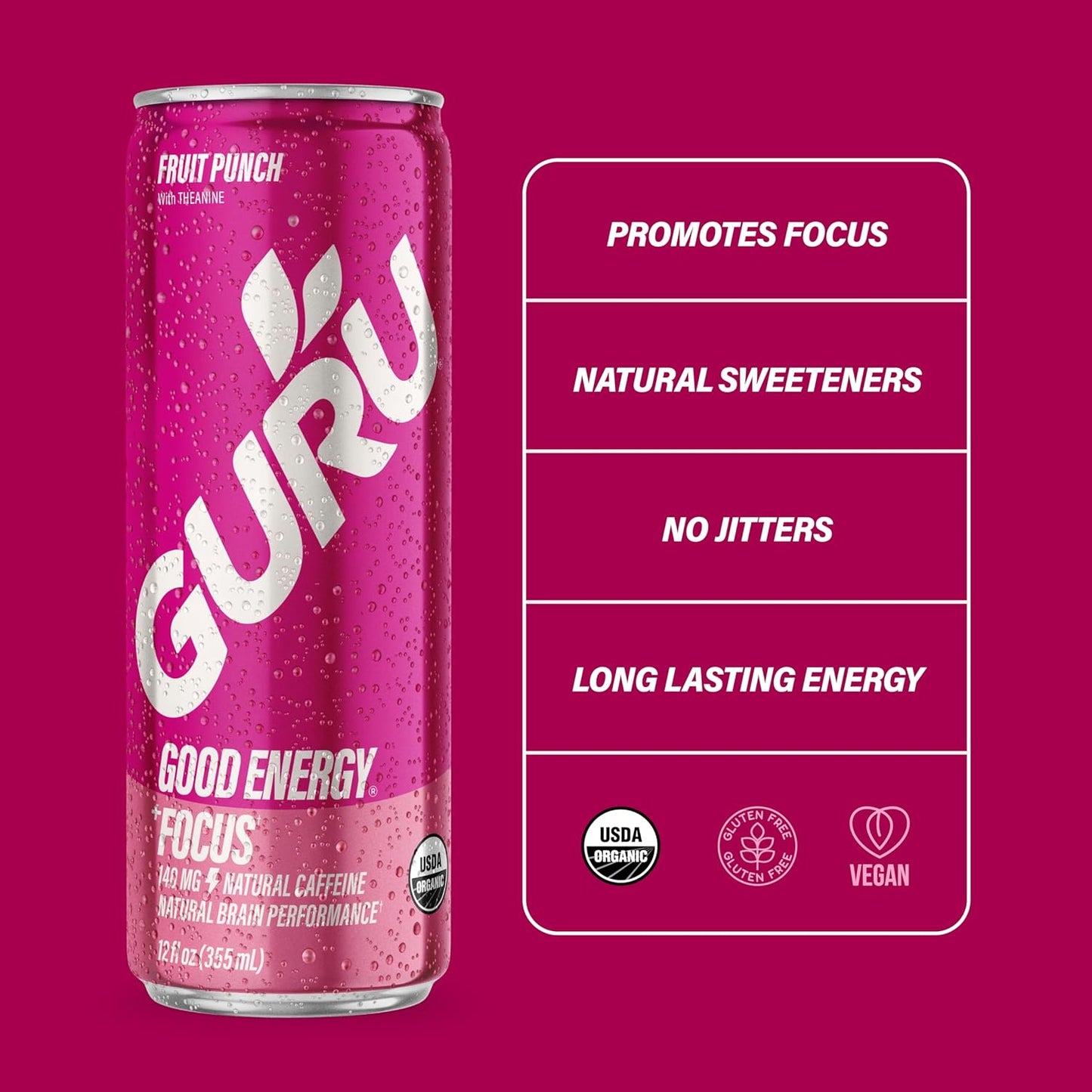 GURU Fruit Punch Organic Energy Drinks, Clean Energy Drink with Plant Based Natural Caffeine from Green Tea + Focus with L Theanine, Gluten Free and Vegan, 140MG Caffeine, 12oz (Pack of 24)