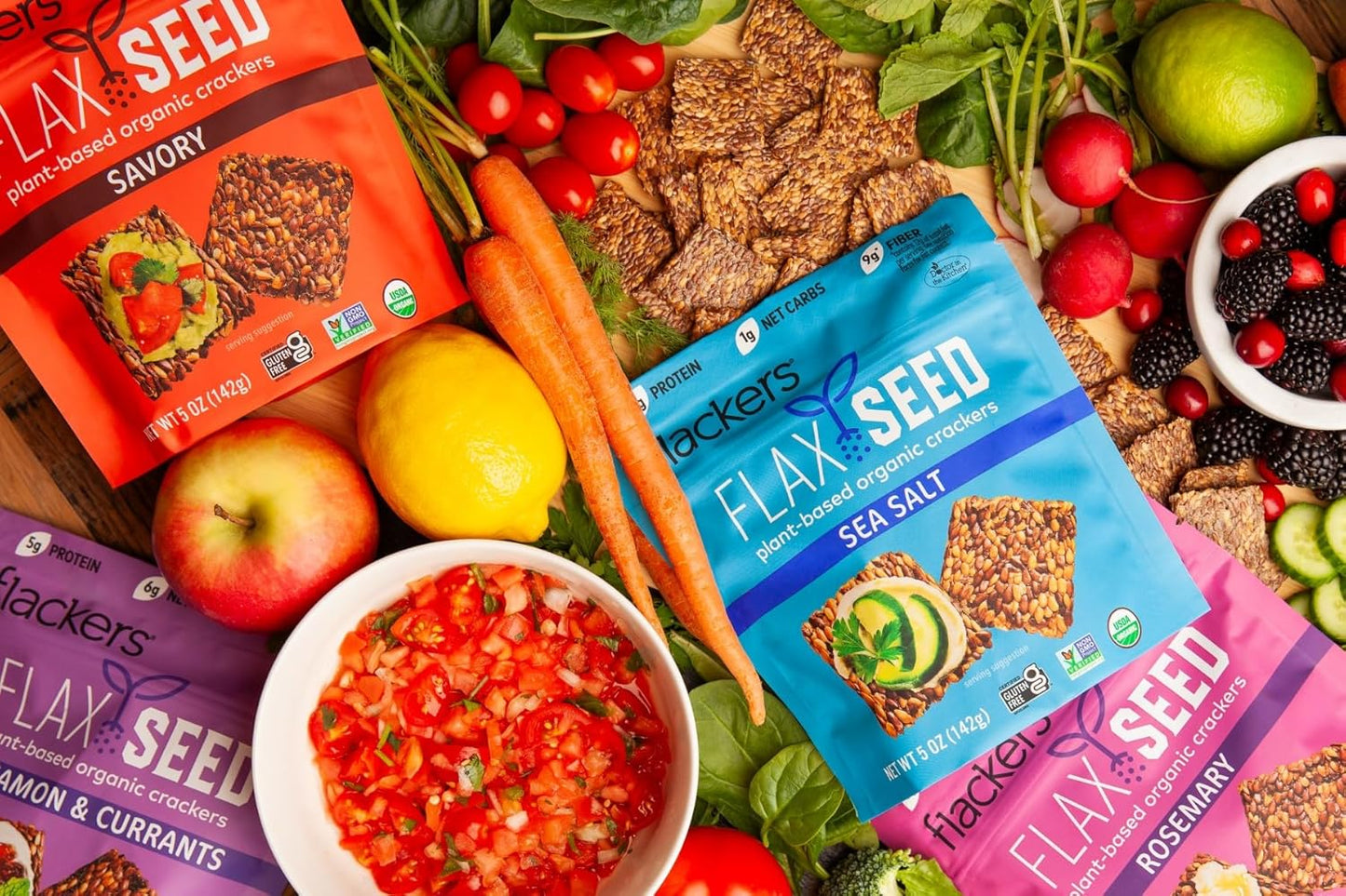 Flackers Organic Flax Seed Crackers Variety Pack, Sea Salt, Rosemary, Savory and Cinnamon, Gluten Free, Non-GMO, Vegan, Low Carb snacking, Pack of 4