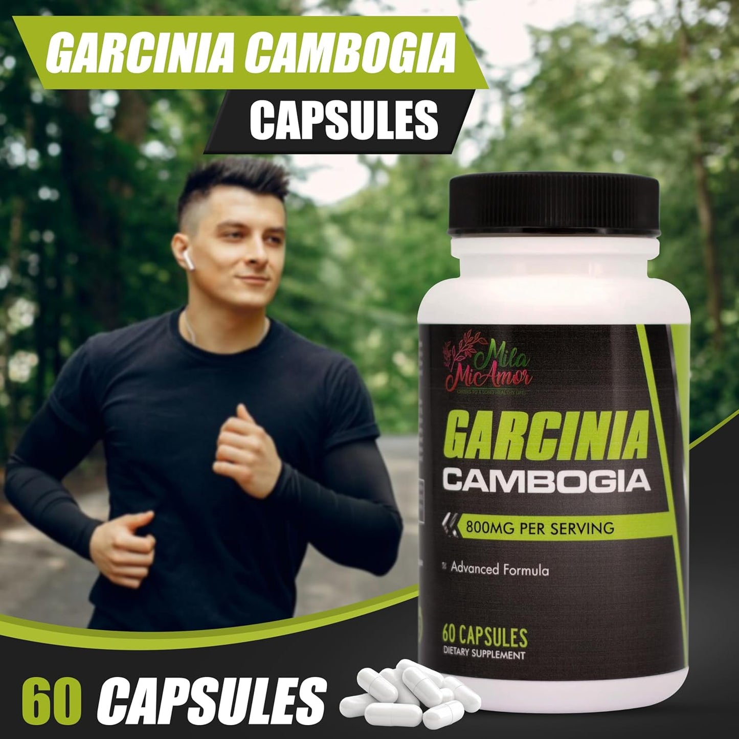 Mila Miamor Garcinia Cambogia Extract Supplement (50% HCA), 800 mg for Weight, Metabolism, Appetite & Energy Support, Caffeine Free, Non-GMO, Gluten Free, 60 Capsules