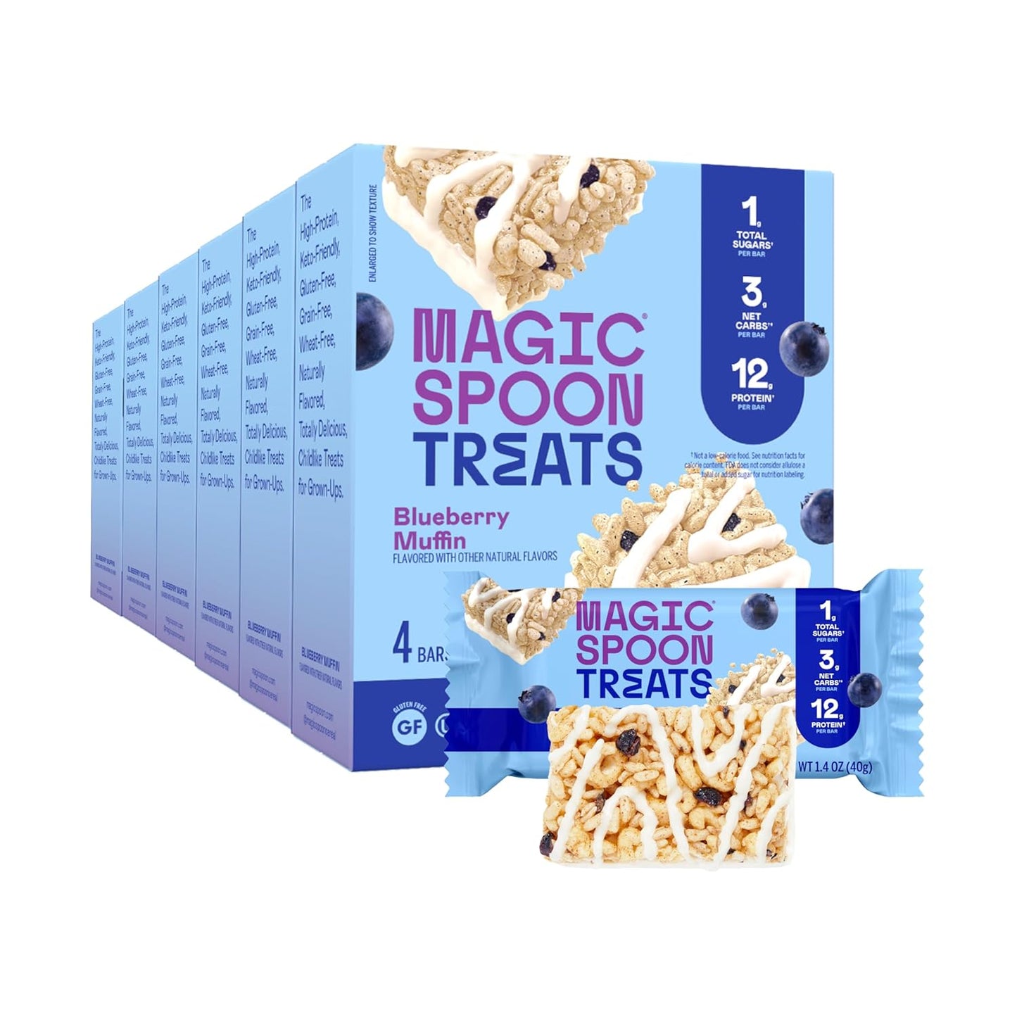 MAGIC SPOON Treats - High Protein, Low Carb, Keto Friendly, Low Sugar, Gluten Free, Crispy Protein Bar Cereal Bar, On-The-Go Healthy Snack (Blueberry Muffin, 24 Bars)