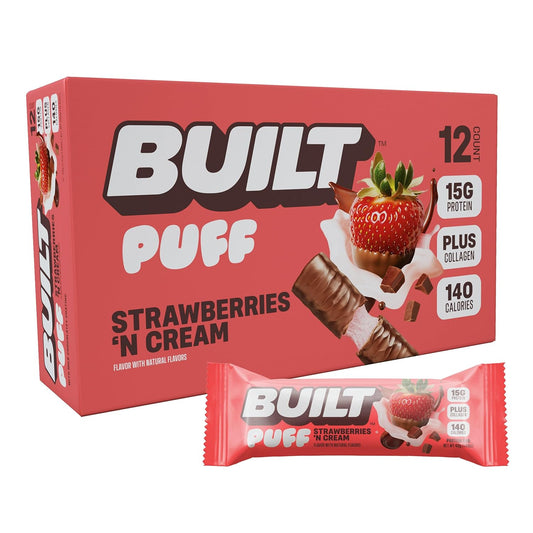 Built Bar, Puff Protein Bars, Strawberries 'N Cream Puff, 15g Protein Snacks, On-The-Go Bars, Only 140 Calories, 8g Sugar, Collagen, Gluten Free, 12 Count