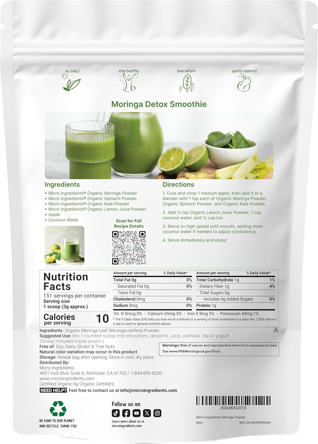 Organic Moringa Oleifera Leaf Powder, 1 Pound | Rich in Antioxidants & Immune Vitamins | Pure Leaves Without Stems | Great Superfoods for Tea or Drink | India Grown, Vegan