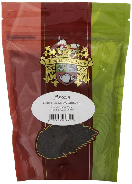 English Tea Store Organic Assam Fine Cut Loose Leaf Tea Pouches - 4oz | Brisk Full Bodied Black Tea | USDA Organic Fair Trade Certified | Malty Flavor Tea for Milk or Straight Brewing