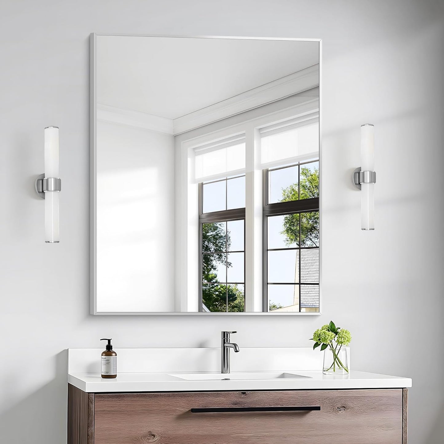 Silver Bathroom Mirror,30x36 inch Wall Mirror for Bathroom Wall Mounted,Rectangle Mirror for Bathroom Over Sink,Modern Metal Frame for Living Room,Bedroom Entryway,Horizontal/Vertical