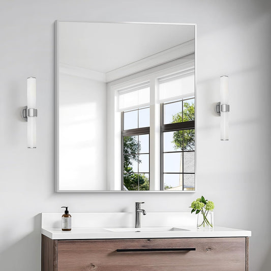 Silver Bathroom Mirror,30x36 inch Wall Mirror for Bathroom Wall Mounted,Rectangle Mirror for Bathroom Over Sink,Modern Metal Frame for Living Room,Bedroom Entryway,Horizontal/Vertical