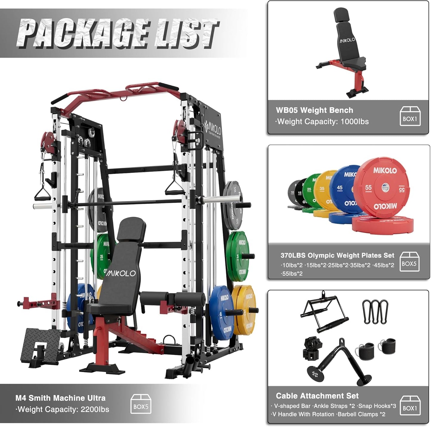 Mikolo Smith Machine, 2200lbs Squat Rack with LAT-Pull Down System & Cable Crossover Machine, Training Equipment with Leg Hold-Down Attachment