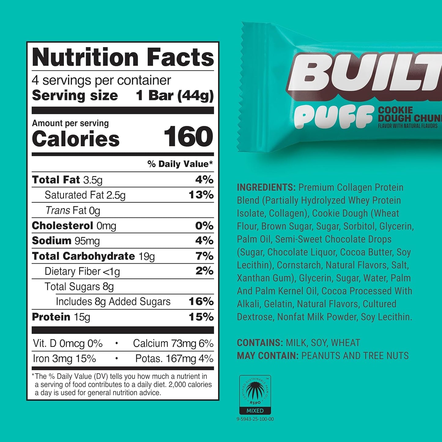 Built Bar, Puff Protein Bars, Cookie Dough Chunk Puff, 15g Protein Snacks, On-The-Go Bars, Only 160 Calories, 8g Sugar, Collagen, Not Gluten Free, 12 Count