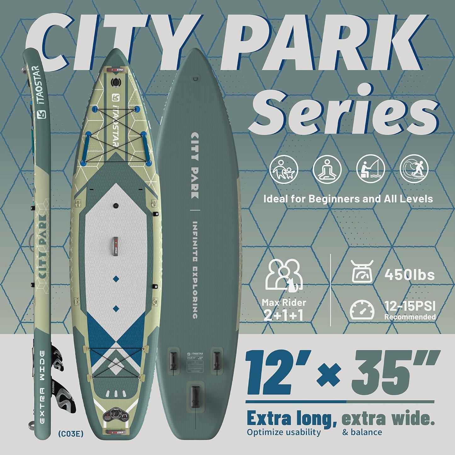 City Park 12'×35" Extra Wide Paddle Board with Seat, One-Stop Premium SUP Board Gears, Tailored 5 Fins, Stable Inflatable Stand Up Paddle Boards for Youth/Adults of All Levels