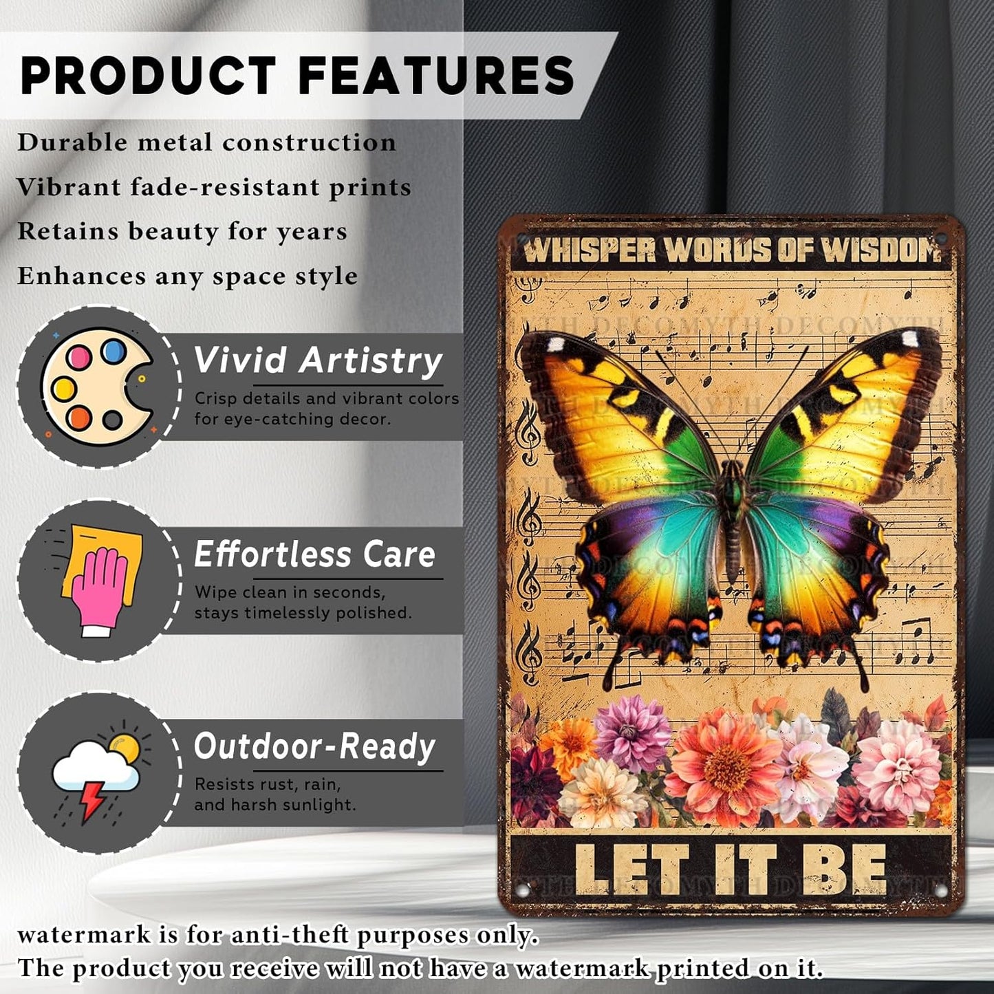 Vintage Garden Tin Sign Whisper Words Of Wisdom Let It Be Retro Butterfly Metal Poster Funny Wall Art Cafe Office Wall Decor for Kitchen Home Bar Pub Club 12 * 8inch