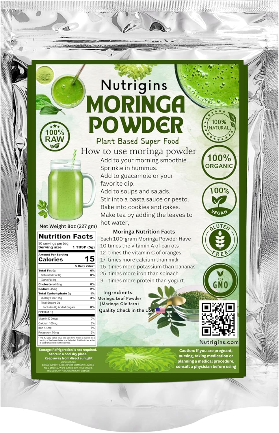 Moringa Powder - Moringa Oleifera - 100% Raw and Pure Moringa Leaf Powder - Great for Drinks, Tea, Smoothies & Recipes - Food-Grade, Vegan, Resealable Stand-Up Bag (8 Ounce (Pack of 1))