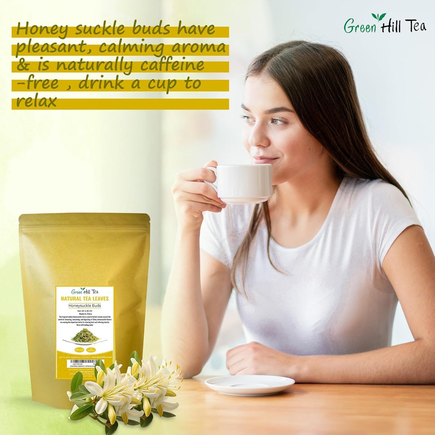 Greenhilltea traditional health herbs, Premium Honeysuckle buds, honey suckle tea NO GMO, NO Additives, Caffeine free dried herbal tea 5 OZ