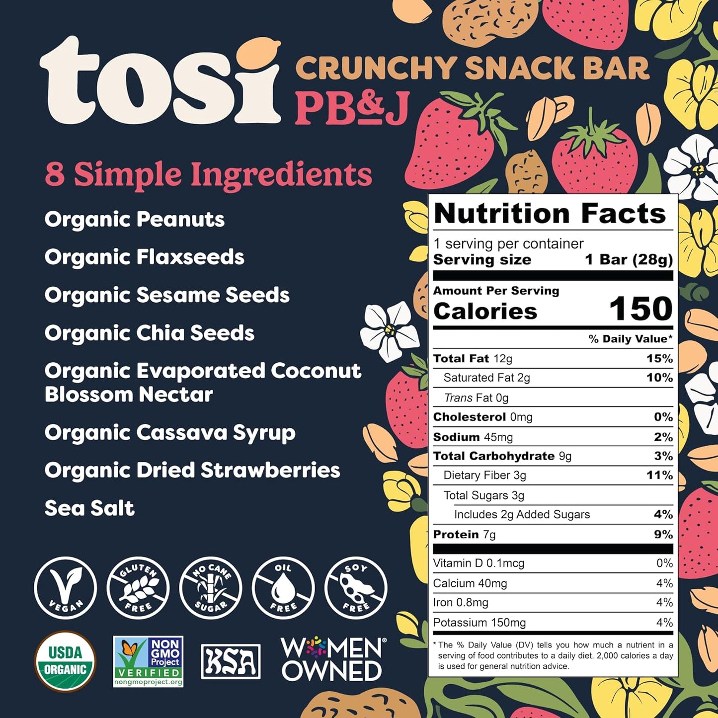 Tosi Peanut Butter & Jelly Protein Bars, Plant Based with Nuts, Gluten-Free Crunchy Snacks, Vegan, Organic, Flax & Chia Seeds, Soy-Free, Omega 3s, 7G Protein, 1 oz, 12-Pack