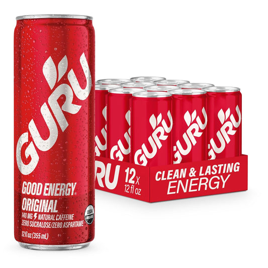 GURU Original Organic Energy Drinks, Clean Energy Drink with Plant Based Natural Caffeine from Green Tea, Gluten Free and Vegan, 140MG Caffeine, Healthy Drinks, 12oz (Pack of 12)