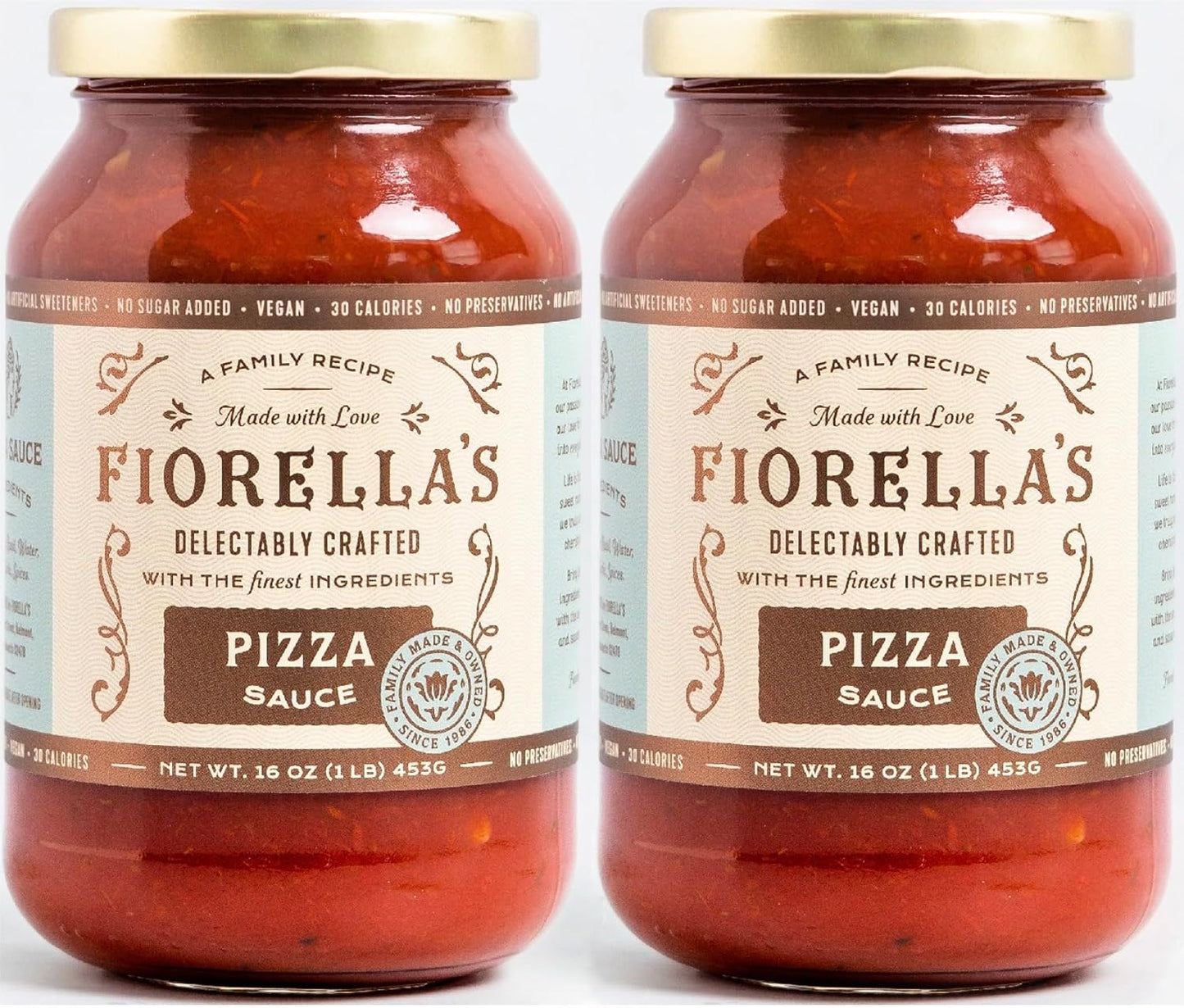 Fiorella's Pizza Sauce - Premium Pizza Sauce Made with Fresh Ingredients - No Sugar Added, Vegan, Gluten Free, No Preservatives Added, Pizza Sauce, 16 Oz (Pack of 2)
